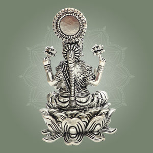 Silver Plated Goddess Lakshmi Lotus Base Brass Statue 4" - Luxeartisanship