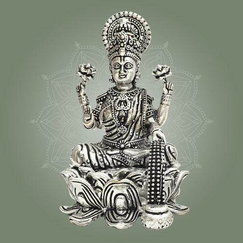 Silver Plated Goddess Lakshmi Lotus Base Brass Statue 4"