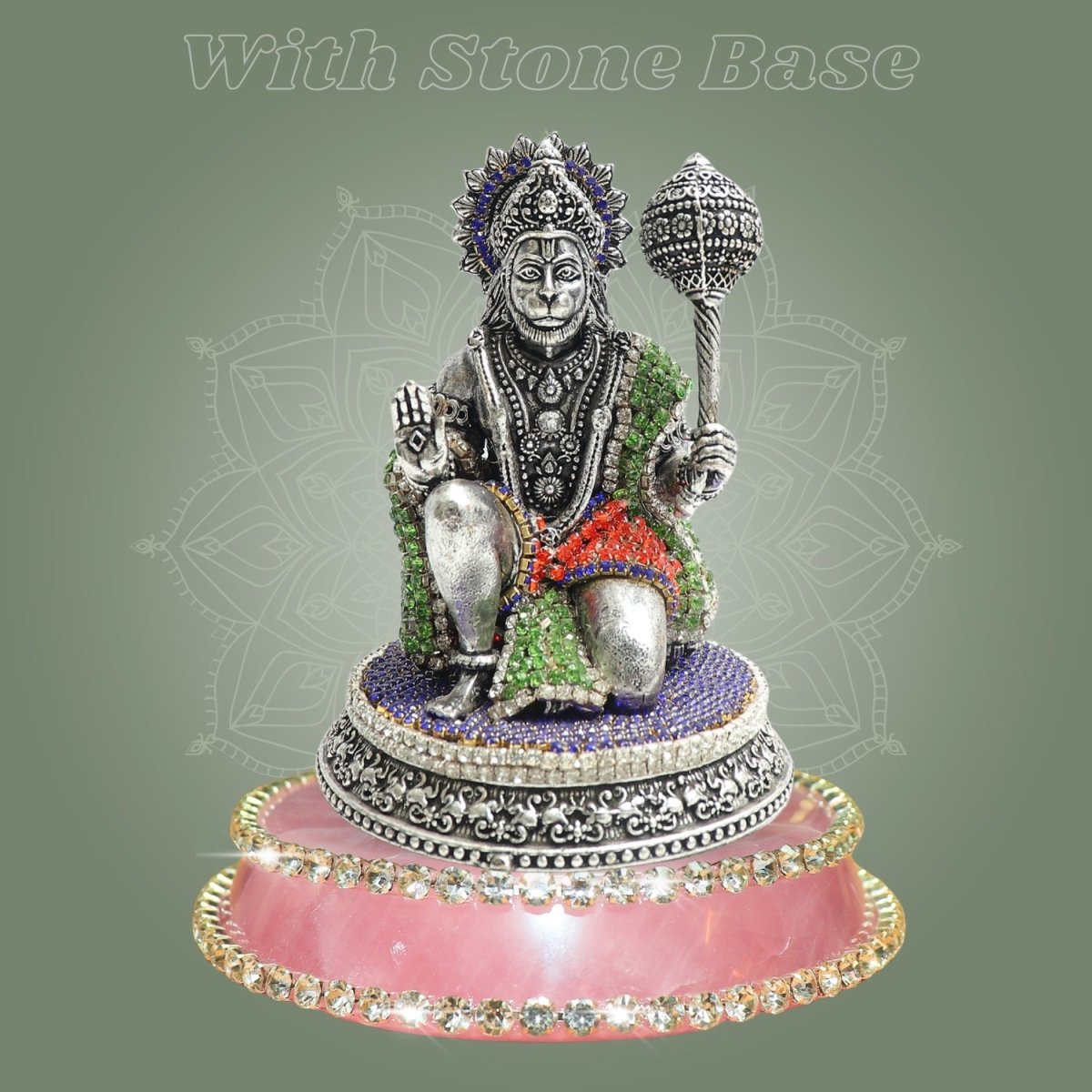 Silver Plated Kneeling Brass Hanuman Idol 3.75" with Refined Stone Detailing - Luxeartisanship