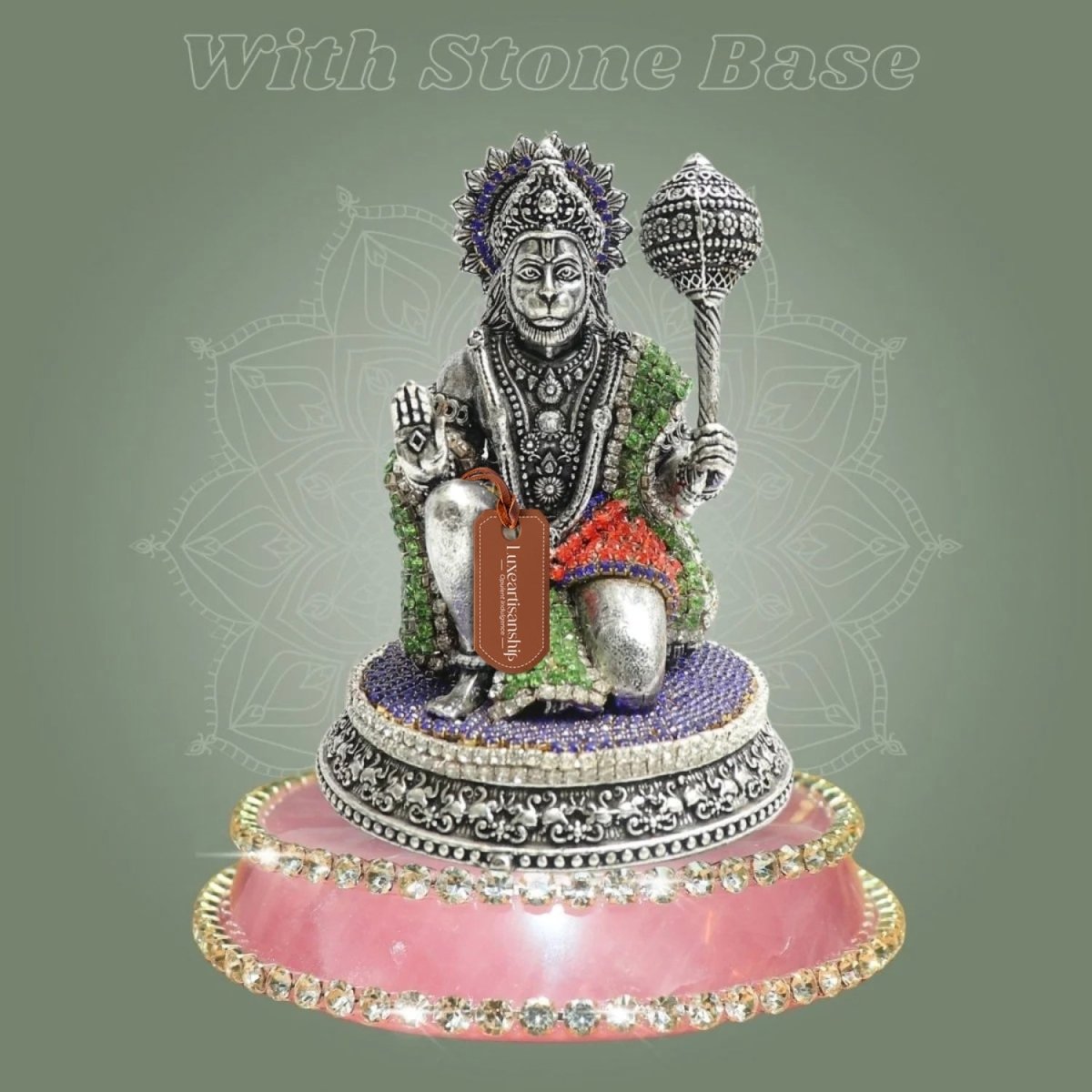 3.75-Inch Silver Plated Kneeling Brass Hanuman Idol on Pink Stone