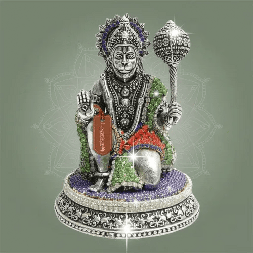 Silver Plated Kneeling Brass Hanuman Idol 3.75" with Refined Stone Detailing