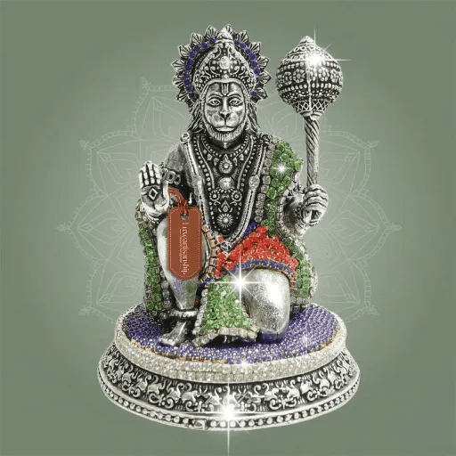 3.75-Inch Silver Plated Kneeling Brass Hanuman Idol with Stone Detailing