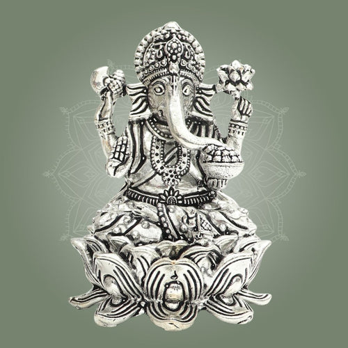 Silver Plated Lord Ganesha Brass Murti on Lotus for God Blessing