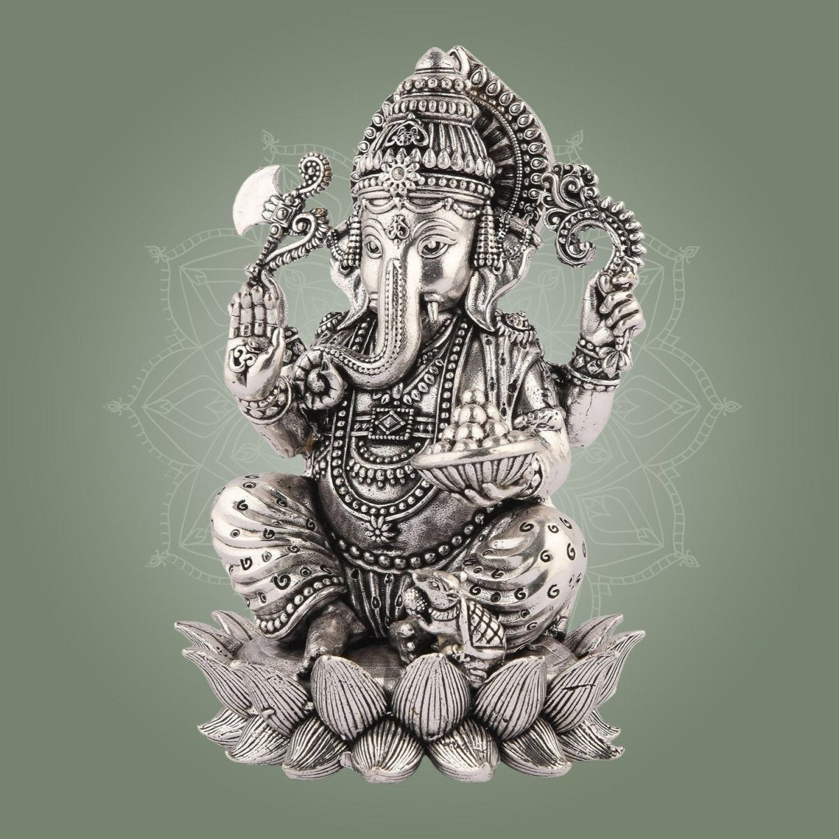 Silver - Plated Lord Ganesha on Lotus Idol – 4" Superfine Pure Brass Statue - Luxeartisanship