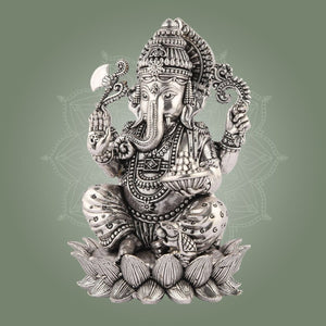 Silver - Plated Lord Ganesha on Lotus Idol – 4" Superfine Pure Brass Statue - Luxeartisanship