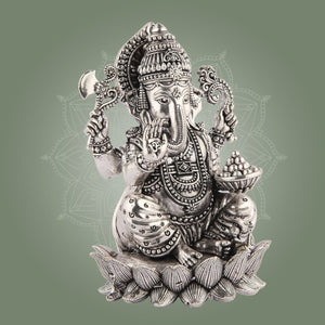 Silver - Plated Lord Ganesha on Lotus Idol – 4" Superfine Pure Brass Statue - Luxeartisanship