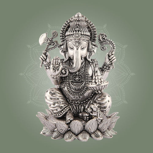 Silver-Plated Lord Ganesha on Lotus Idol – 4" Superfine Pure Brass Statue