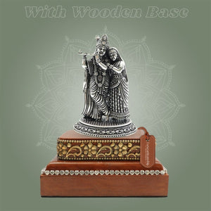 Silver - Plated Radha Krishna Brass Statue (4.25″), Finished with a Smooth Square Wooden Base - Luxeartisanship
