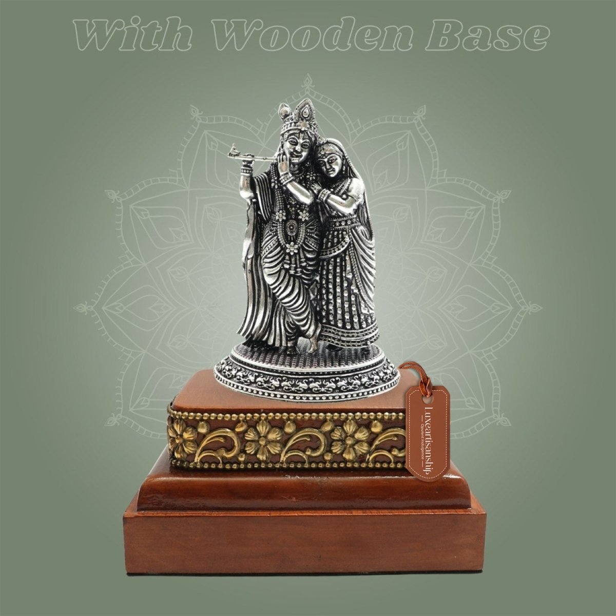 Silver - Plated Radha Krishna Brass Statue (4.25″), Finished with a Smooth Square Wooden Base - Luxeartisanship