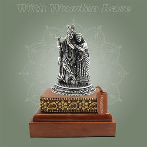 Silver - Plated Radha Krishna Brass Statue (4.25″), Finished with a Smooth Square Wooden Base - Luxeartisanship