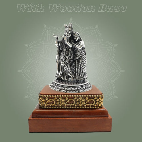 Silver-Plated Radha Krishna Brass Statue (4.25"), Finished with a Smooth Square Wooden Base