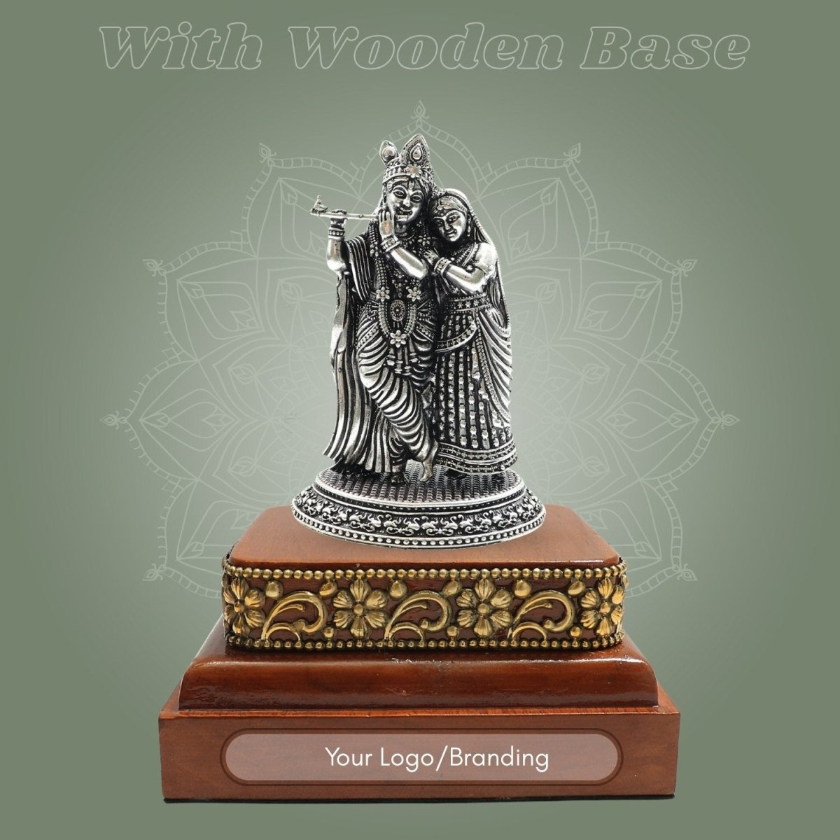 Silver - Plated Radha Krishna Brass Statue (4.25″), Finished with a Smooth Square Wooden Base - Luxeartisanship