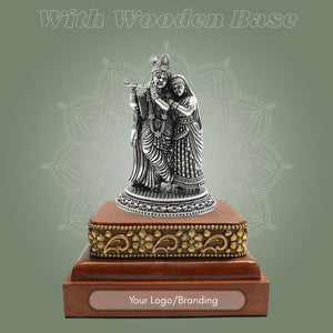 Silver - Plated Radha Krishna Brass Statue (4.25″), Finished with a Smooth Square Wooden Base - Luxeartisanship
