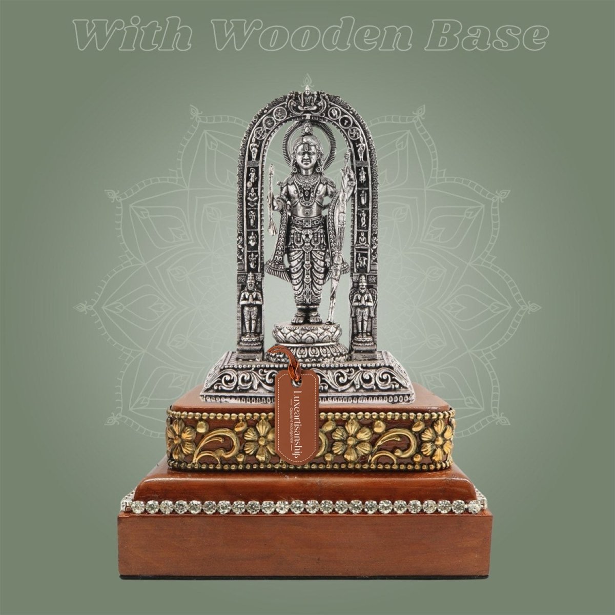 Silver Plated Ram Lalla Brass Idol (4″) with Polished Square Wooden Stand - Luxeartisanship