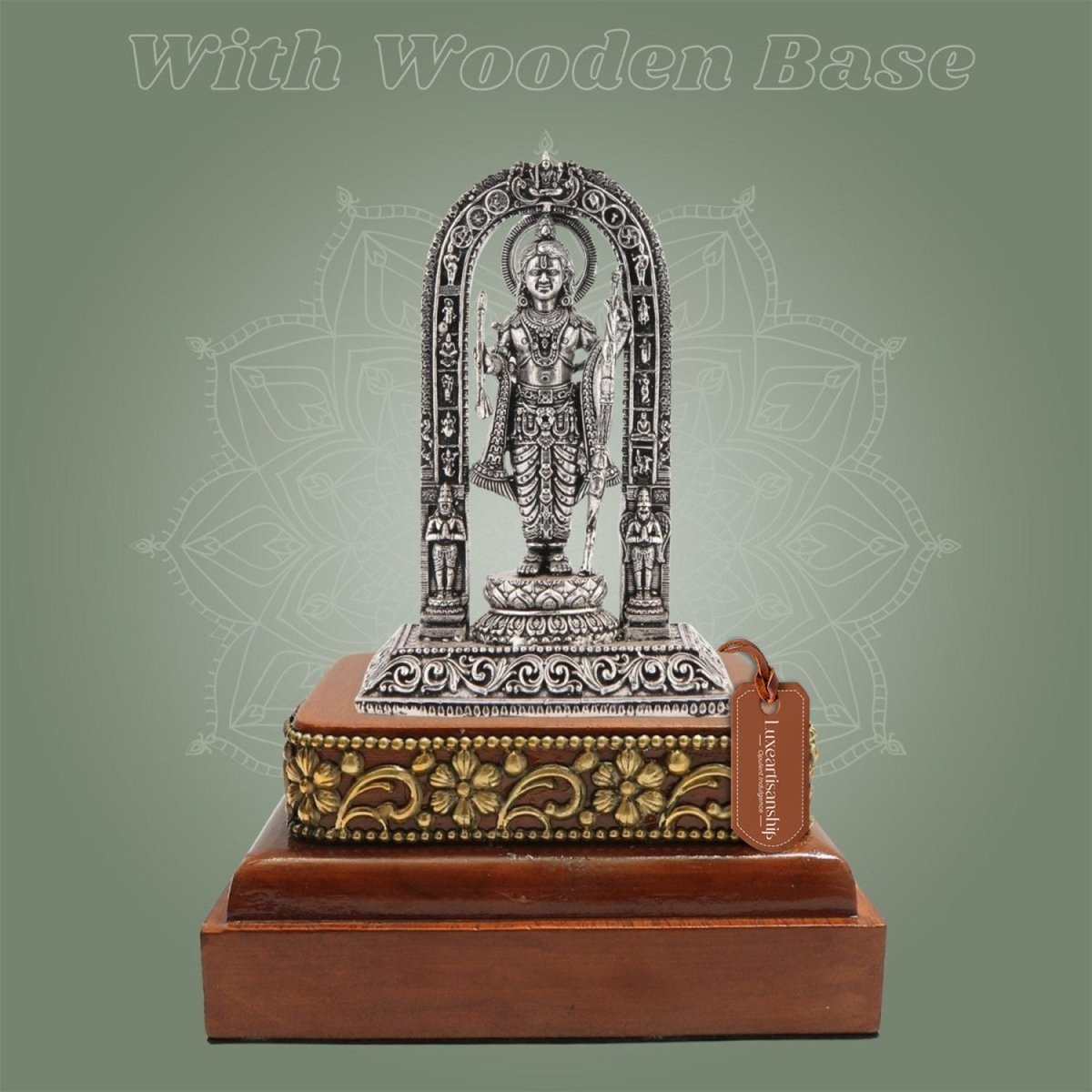 Silver Plated Ram Lalla Brass Idol (4″) with Polished Square Wooden Stand - Luxeartisanship