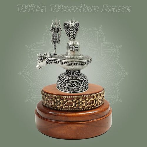 Silver Plated Shiva Lingam Idol 4" in Brass with Handcrafted Wooden Stand