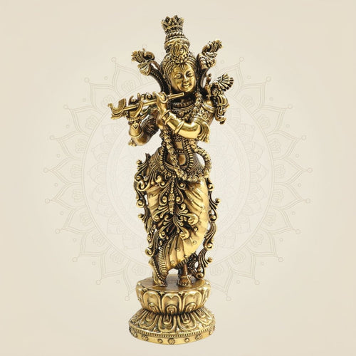South Indian Brass Krishna Statue in Traditional Form 7.75 Inch