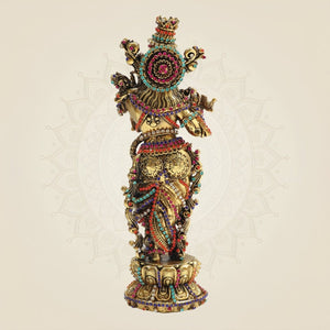 South Indian Krishna Brass Idol 7.75" with Multicolour Rhinestone Stone Work - Luxeartisanship