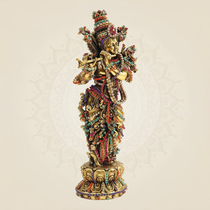 South Indian Krishna Brass Idol 7.75" with Multicolour Rhinestone Stone Work - Luxeartisanship