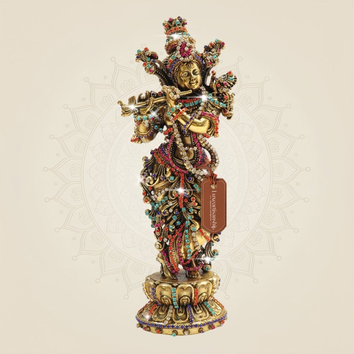 South Indian Krishna Brass Idol 7.75" with Multicolour Rhinestone Stone Work - Luxeartisanship