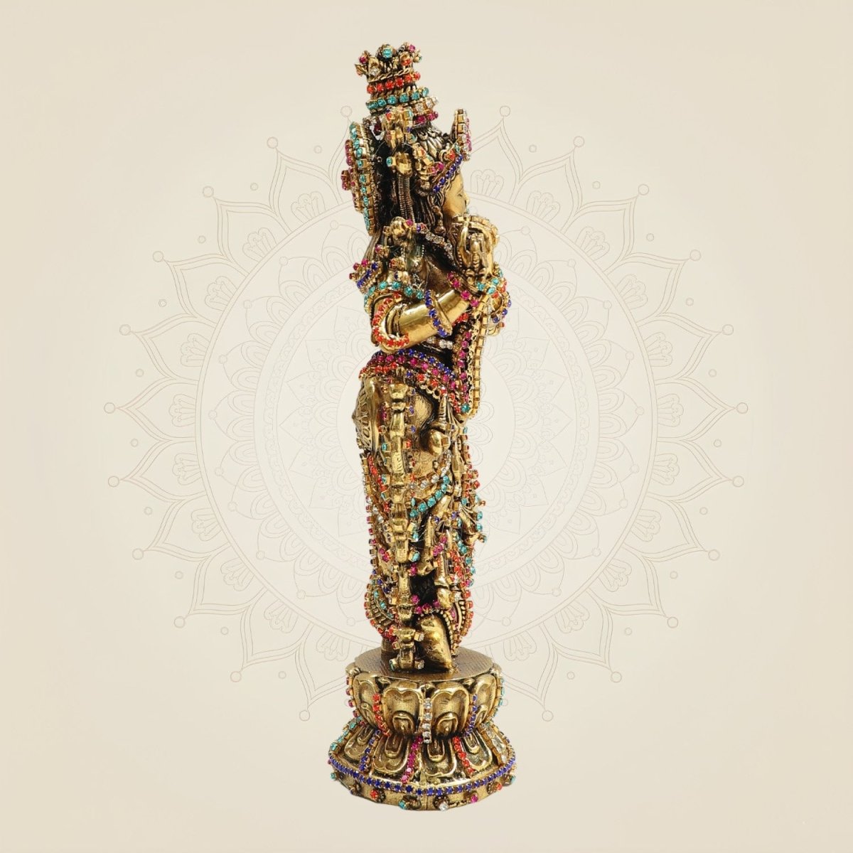 South Indian Krishna Brass Idol 7.75" with Multicolour Rhinestone Stone Work - Luxeartisanship