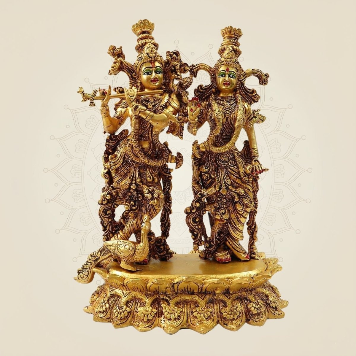 South Indian Style Radha Krishna Brass Idol with Peacock – Divine Décor Statue 13.5" - Luxeartisanship