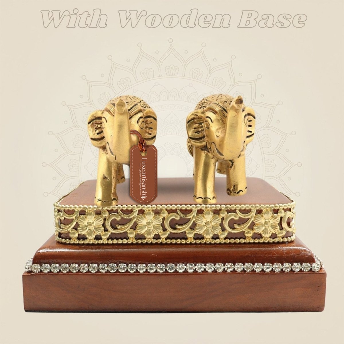 Wooden Base with Brass Elephant Statue Decorative Showpiece Pair