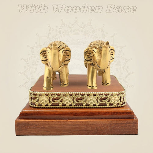 Square Wooden Base with Brass Elephant Decorative Showpiece Pair 2.25"