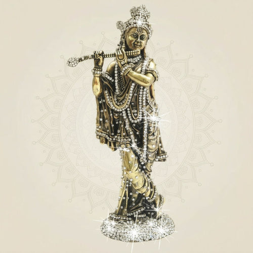 Standing Krishna Brass Murti with Flute & Jewellery Stone Work 10"