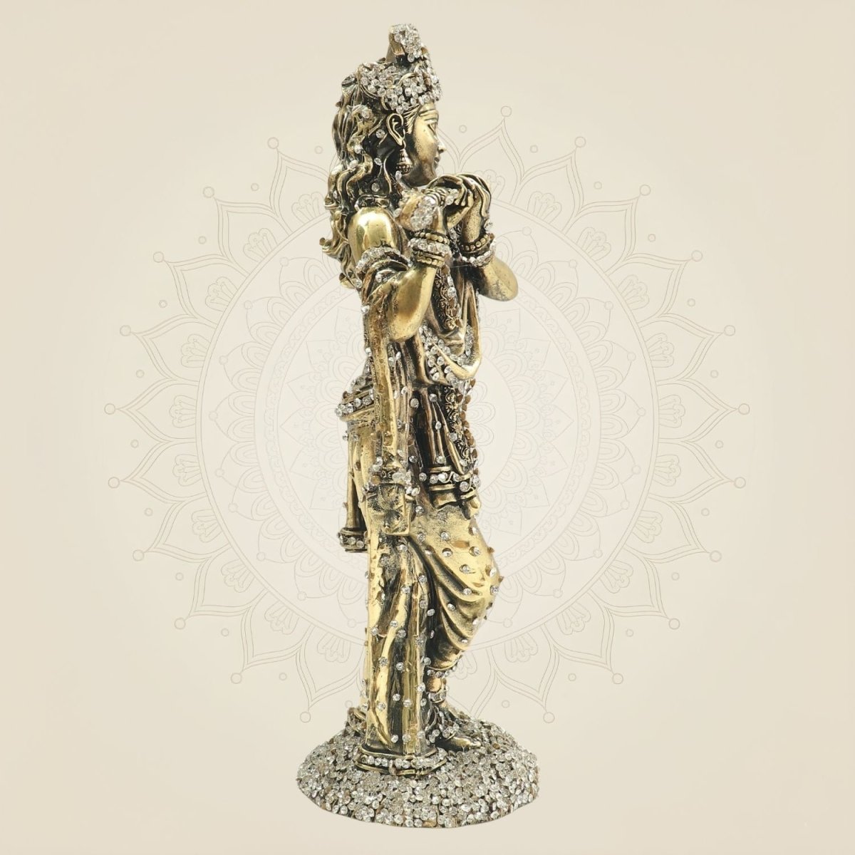 Standing Krishna Brass Murti with Flute & Jewellery Stone Work 10" - Luxeartisanship