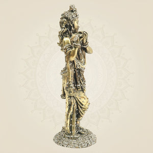 Standing Krishna Brass Murti with Flute & Jewellery Stone Work 10" - Luxeartisanship