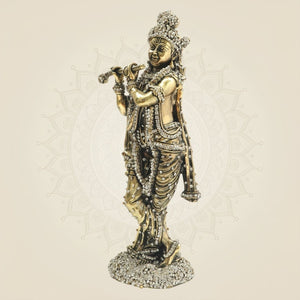 Standing Krishna Brass Murti with Flute & Jewellery Stone Work 10" - Luxeartisanship