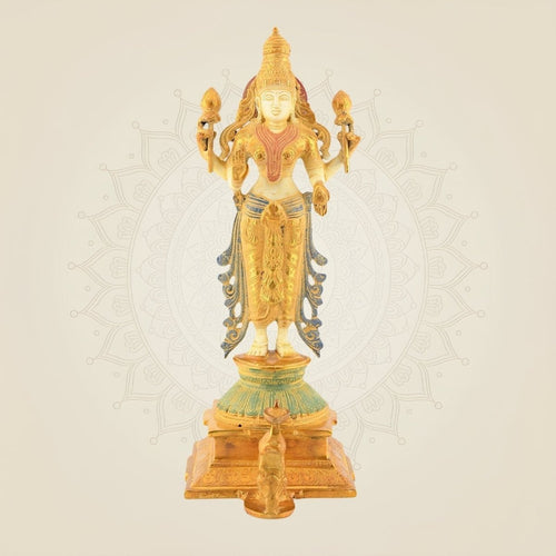 Standing Lakshmi ji Idol – 14.5" Brass Statue | 4-Armed Multicolor Mud Finish Design