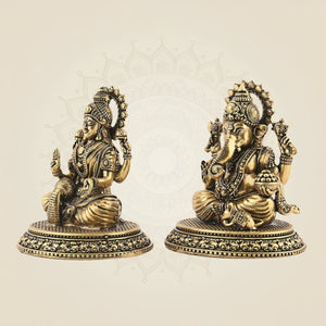Superfine Ganesha Lakshmi Brass Idol Set 3.25" | Wealth & Wisdom Decor Piece - Luxeartisanship