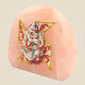 Swastik Ganesha Idol Coated in Pure 999 Silver with Multicolour Stone Detailing & Rose Quartz Base - Luxeartisanship