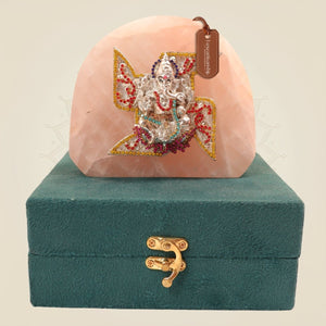 Swastik Ganesha Idol Coated in Pure 999 Silver with Multicolour Stone Detailing & Rose Quartz Base - Luxeartisanship