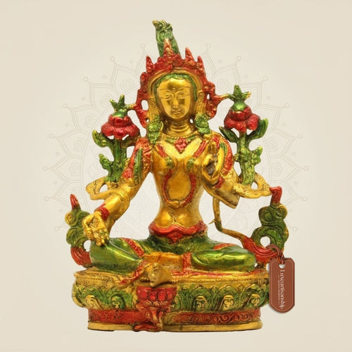 Tibetan Green Tara Brass Idol – Hand-Painted Compassion Statue for Home 8.5"