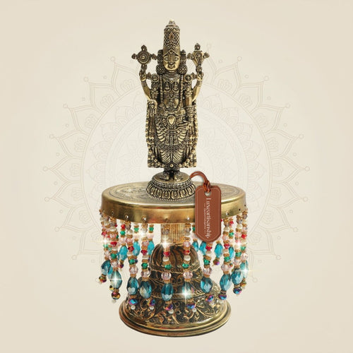 Tirupati Balaji Brass Idol on Chowki Representing Divine Presence 10"
