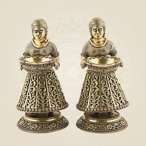 Traditional Brass Deep Lakshmi 4.75" Pair – Antique Finish Pooja Lamps for Home