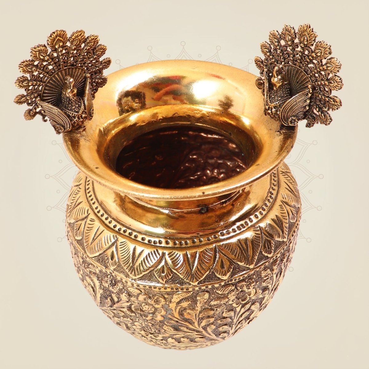 Traditional Brass Kalash with Peacock Motifs on the Rim – Pooja Decor for Elegant Home - Luxeartisanship