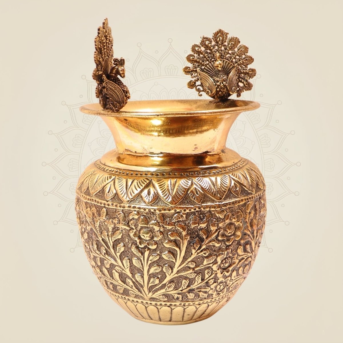 Traditional Brass Kalash with Peacock Motifs on the Rim – Pooja Decor for Elegant Home - Luxeartisanship
