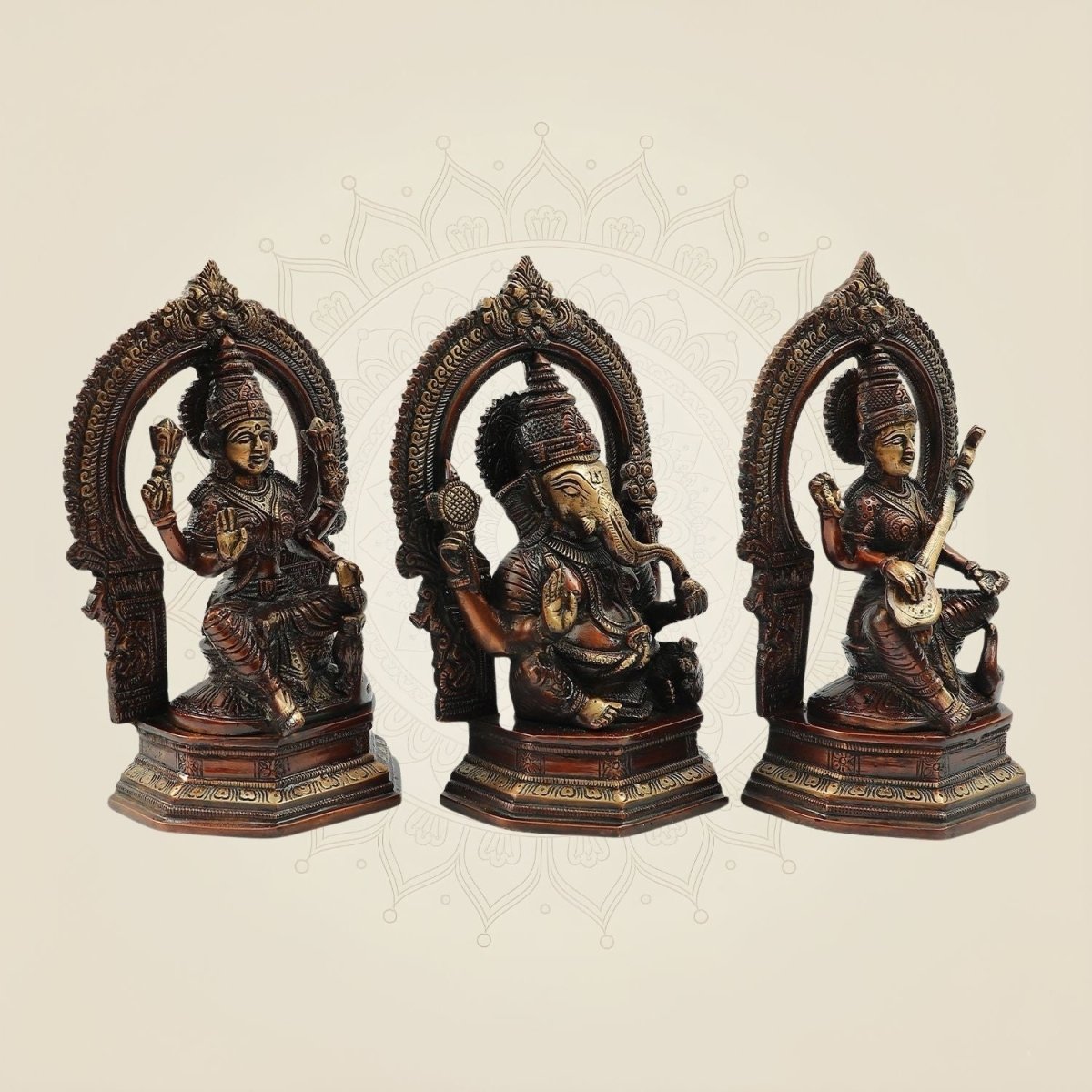 Traditional Brass Lakshmi Ganesh Saraswati Idol Set 9.5" | Hindu God Statue - Luxeartisanship