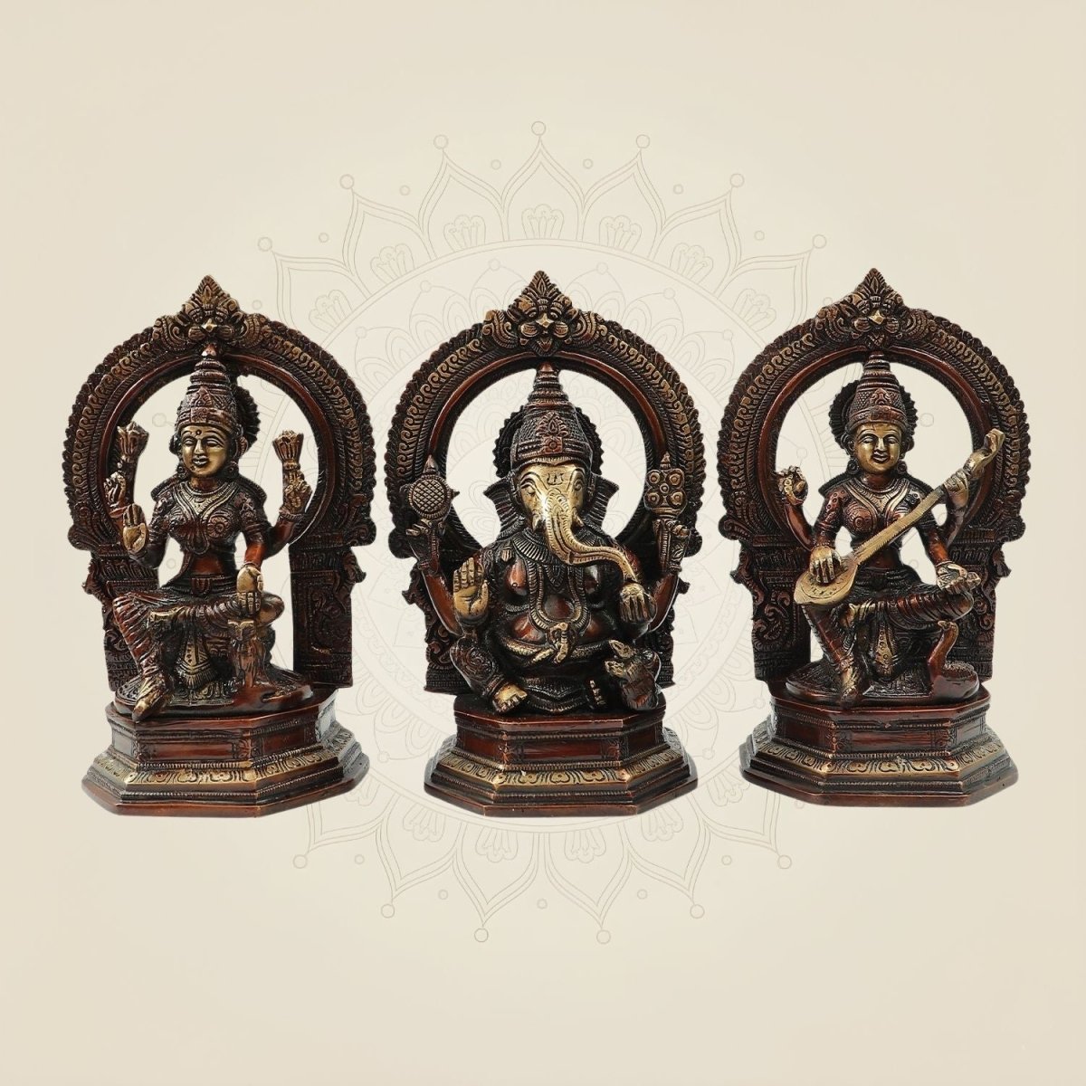 Traditional Brass Lakshmi Ganesh Saraswati Idol Set 9.5" | Hindu God Statue - Luxeartisanship