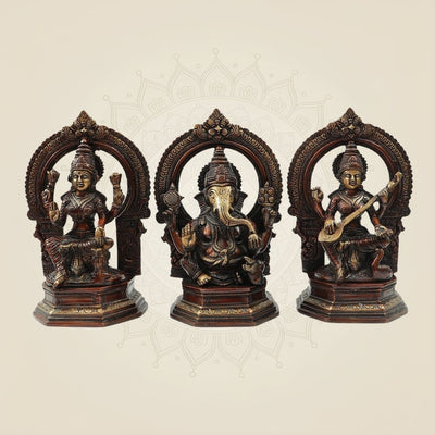 Traditional Brass Lakshmi Ganesh Saraswati Idol Set 9.5