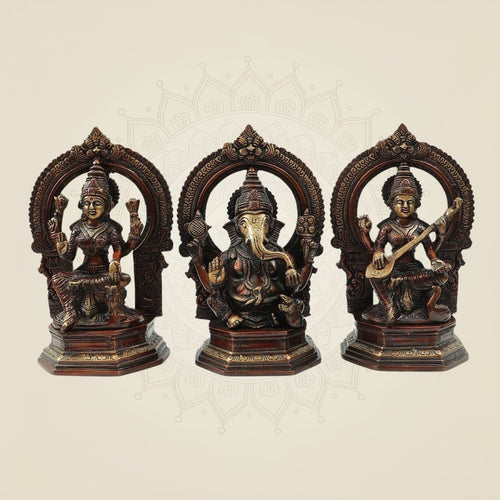 Traditional Brass Lakshmi Ganesh Saraswati Idol Set 9.5" | Hindu God Statue