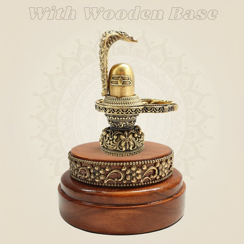Traditional Brass Shiva Lingam with Naag Canopy on Wooden Base 4.25"