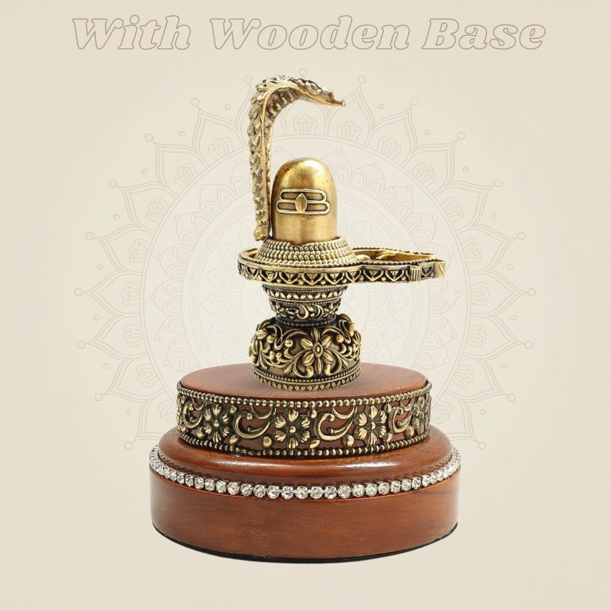 Traditional Brass Shiva Lingam with Naag Canopy on Wooden Base 4.25" - Luxeartisanship