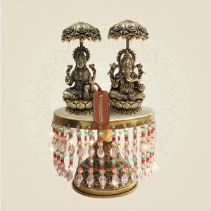 Umbrella Lakshmi Ganesh Brass Idol Pair on Chowki for Puja - Luxeartisanship