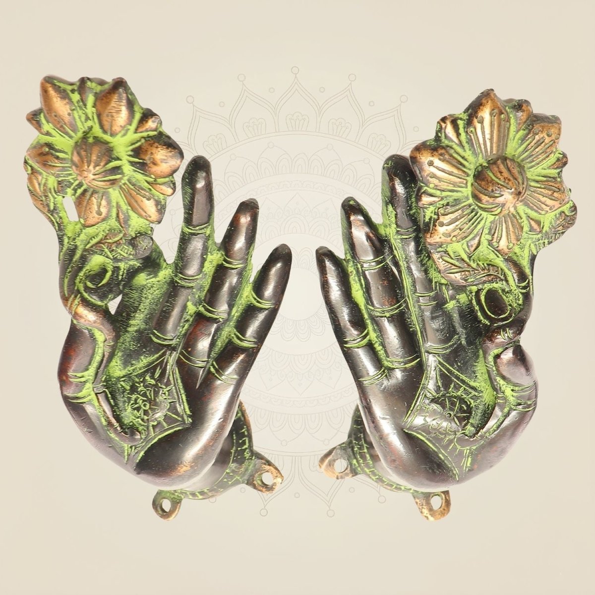 Vintage Brass Buddha Door Handle 7" • Floral Design • Antique Finish • Pair of 2 - Luxeartisanship