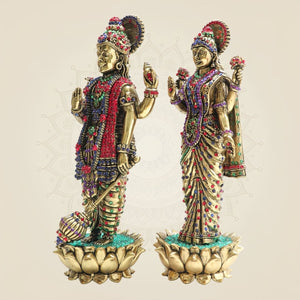 Vishnu - Lakshmi Brass Idol – Stunning Jewellery Stone Work - Luxeartisanship